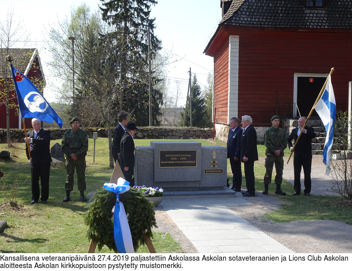 Kansallisena veteraanipivn 27.4.2019 paljastettiin Askolassa Askolan sotaveteraanien ja Lions Club Askolan aloitteesta Askolan kirkkopuistoon pystytetty muistomerkki.