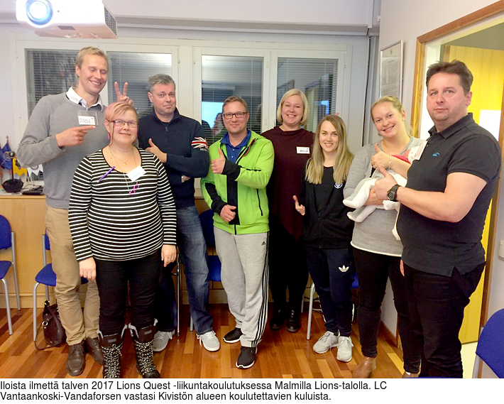 Iloista ilmett talven 2017 Lions Quest -liikuntakoulutuksessa Malmilla Lions-talolla. LC Vantaankoski-Vandaforsen vastasi Kivistn alueen koulutettavien kuluista.